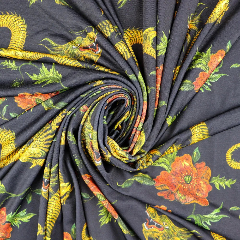 FS702 Dragon Floral Silky Stretch Knit Fabric Black