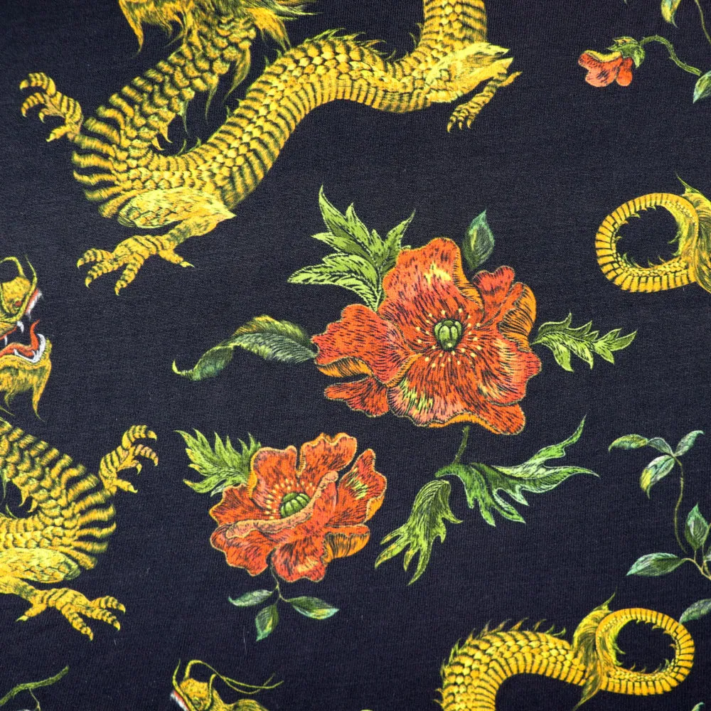 FS702 Dragon Floral Silky Stretch Knit Fabric Black