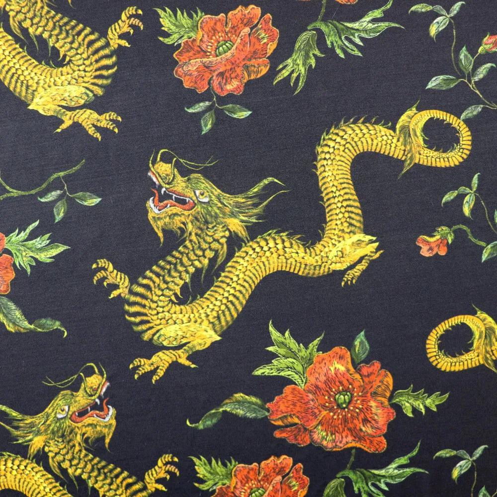 FS702 Dragon Floral Silky Stretch Knit Fabric Black