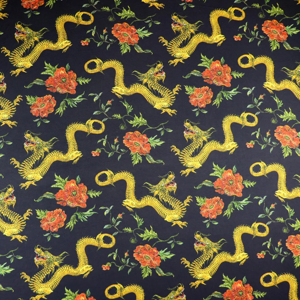 FS702 Dragon Floral Silky Stretch Knit Fabric Black