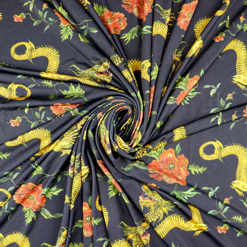 FS702 Dragon Floral Silky Stretch Knit Fabric Black