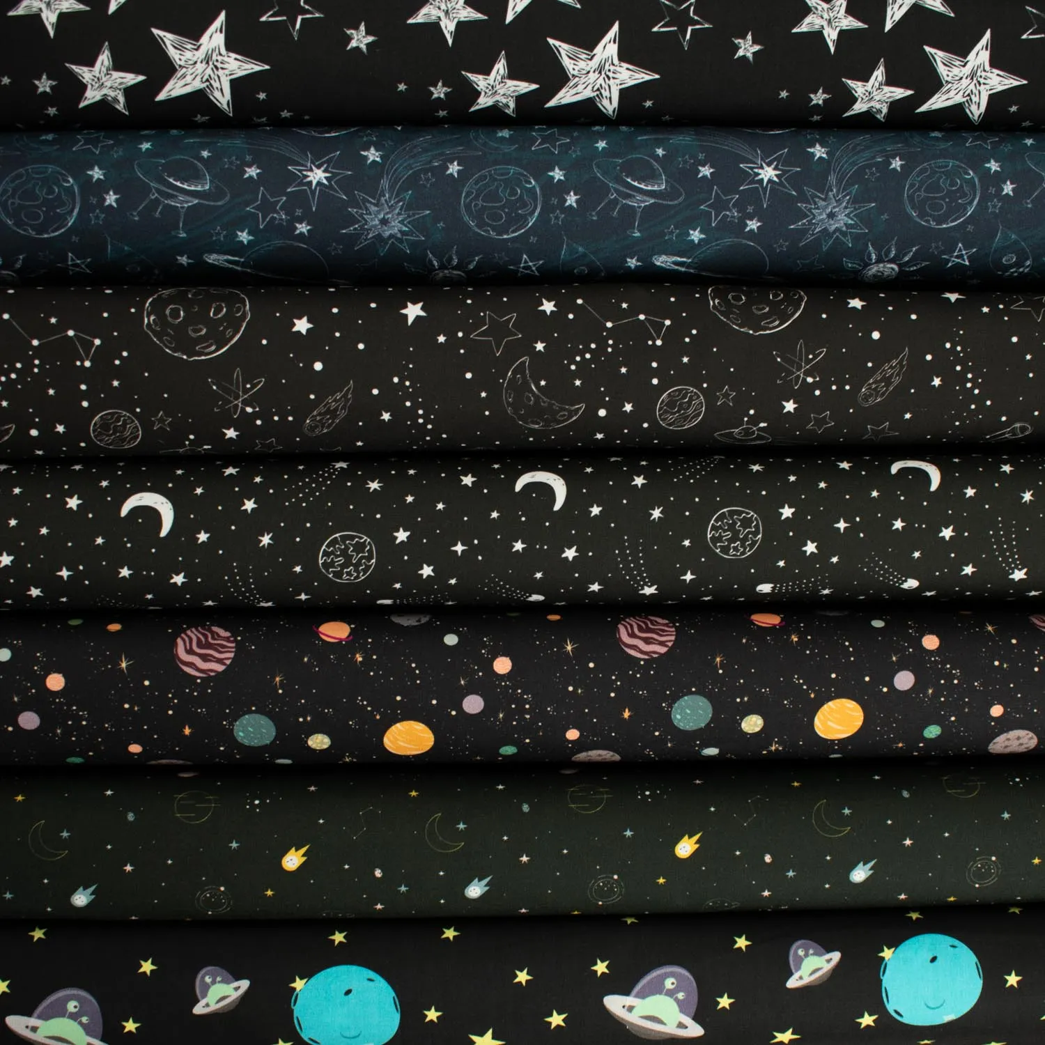 Galaxy Collection #04 White Planets & Stars on Black Cotton Prints