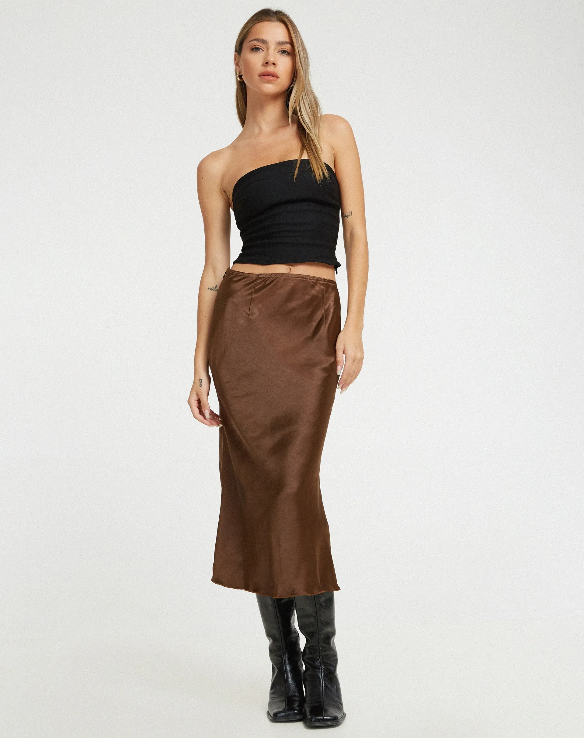 Goya Midi Skirt in Satin Bitter Chocolate