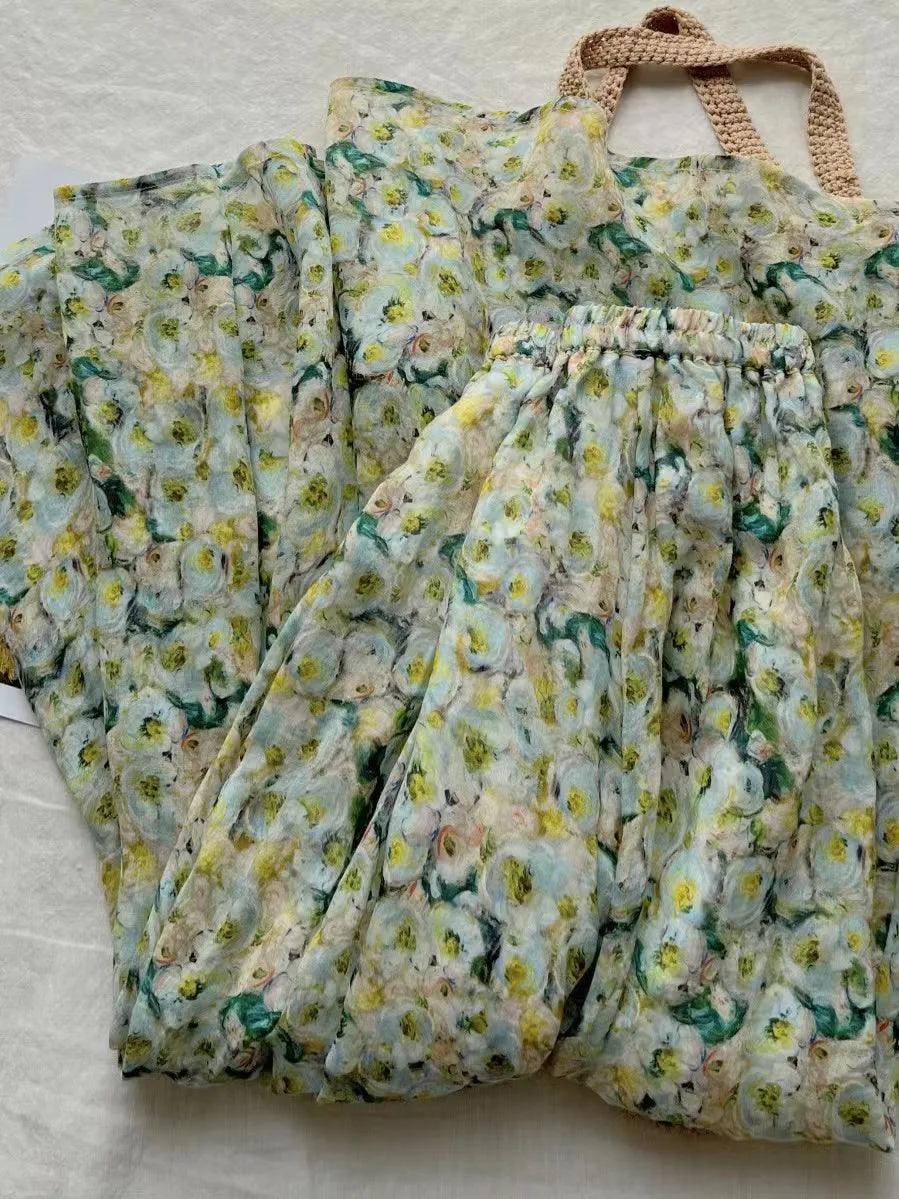 Green Floral Pleated Ramie Cotton A-liine Skirt