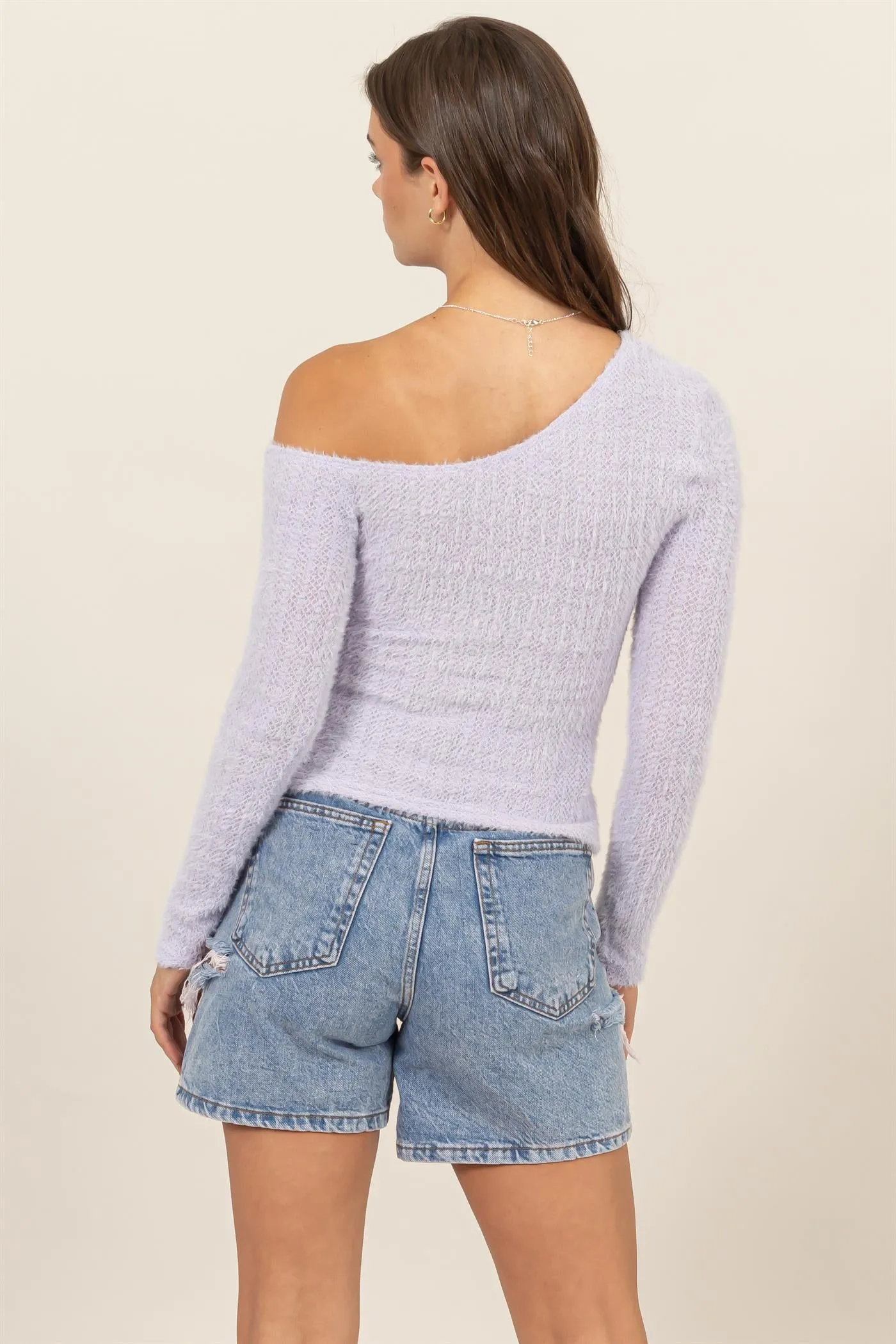 HF25A942-FUZZY KNIT ONE-SHOULDER KNIT TOP