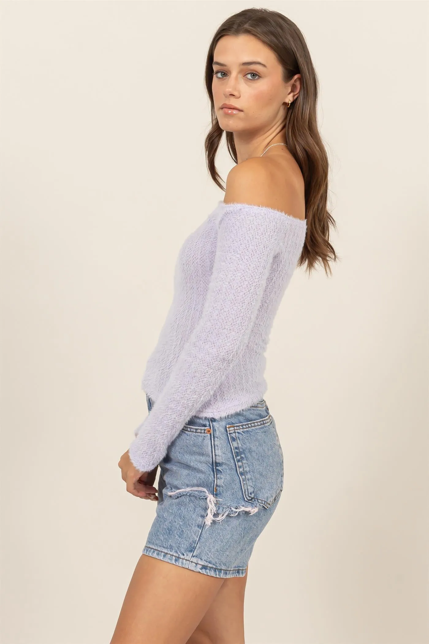 HF25A942-FUZZY KNIT ONE-SHOULDER KNIT TOP