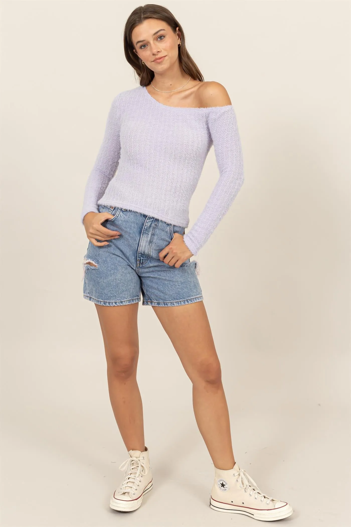 HF25A942-FUZZY KNIT ONE-SHOULDER KNIT TOP