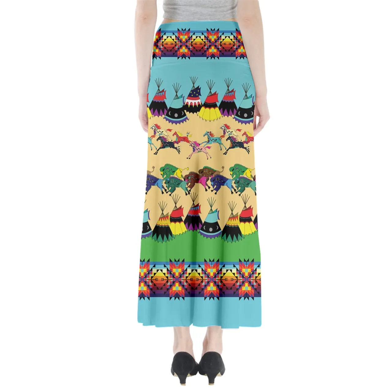 Horses and Buffalo Ledger Turquoise Full Length Maxi Skirt