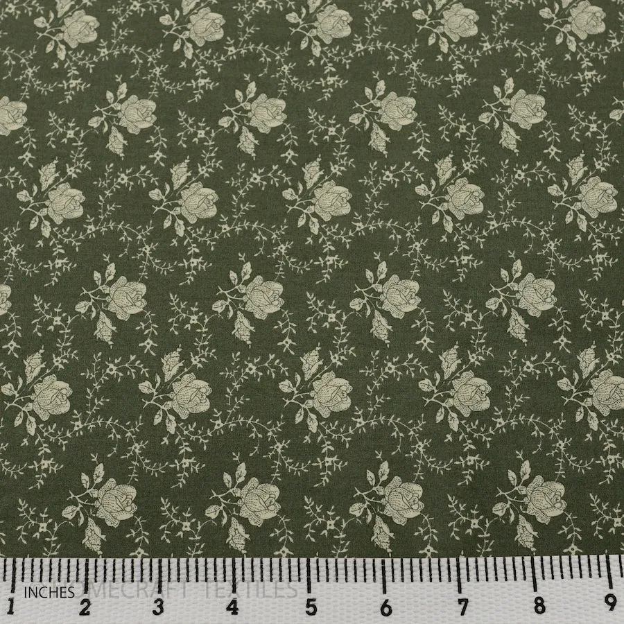 Hunter Green Rose Vines Floral Cotton Print