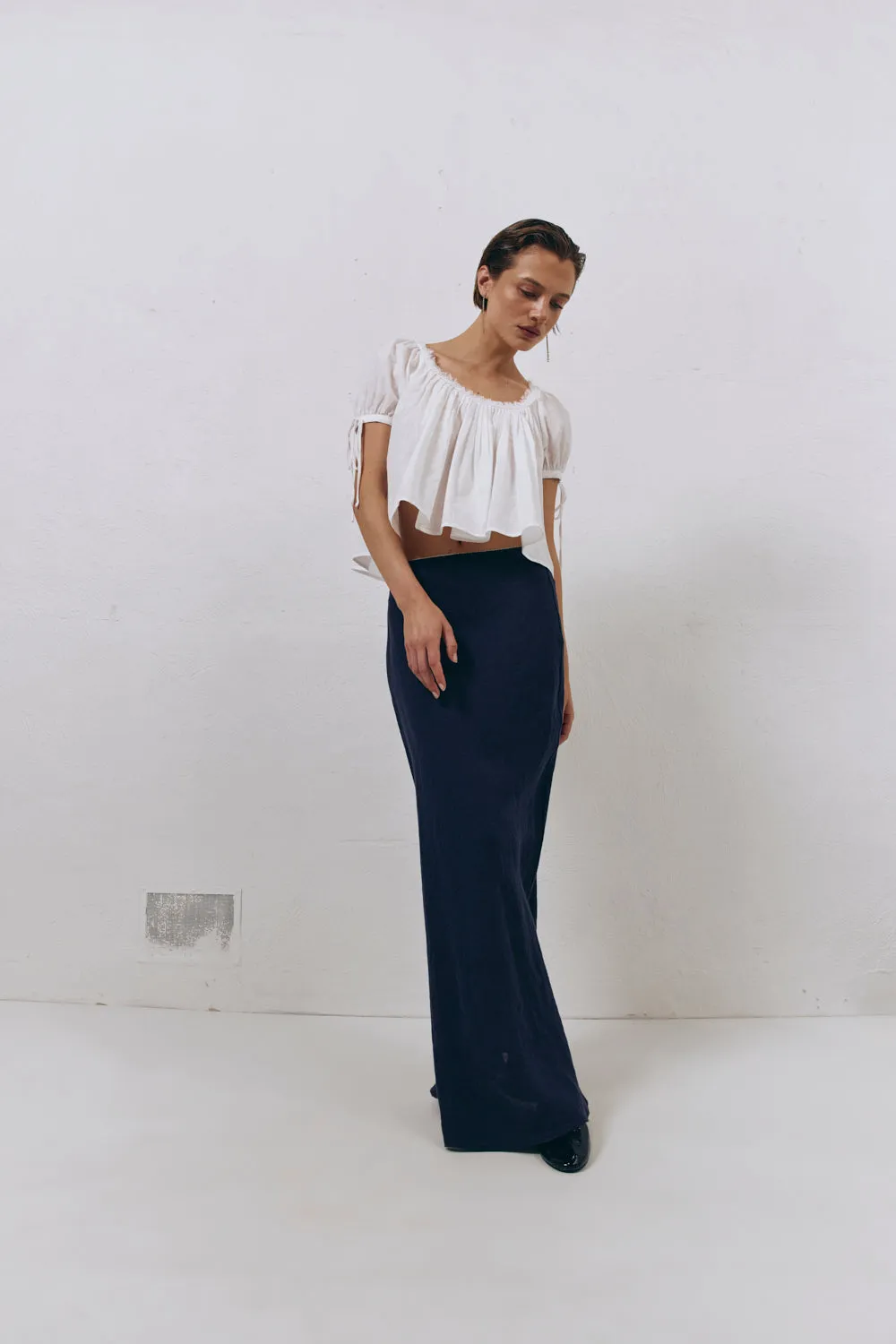 Italian Streets Linen Bias Cut Maxi Skirt Navy