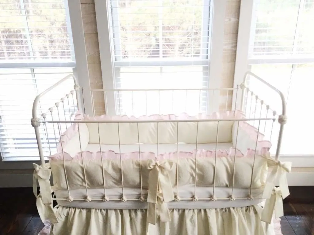 Ivory and Baby Pink Ruffled Crib Liners