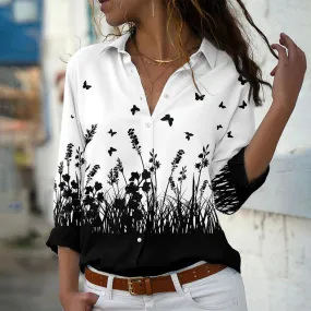 Ivyshape | Casual Floral and Butterfly Design Summer Long Sleeve Blouse for Women