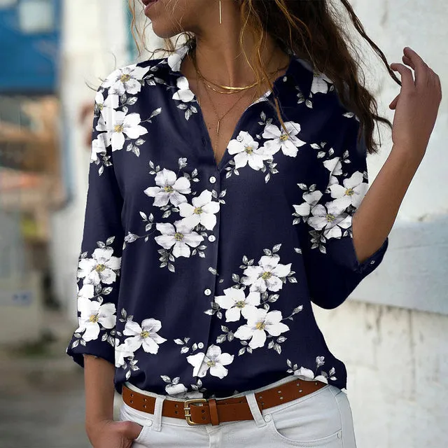 Ivyshape | Casual Floral and Butterfly Design Summer Long Sleeve Blouse for Women