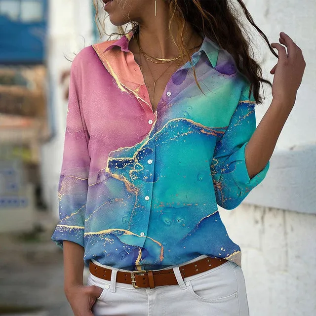 Ivyshape | Casual Floral and Butterfly Design Summer Long Sleeve Blouse for Women