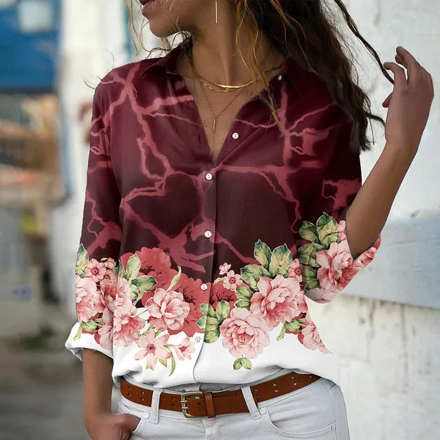 Ivyshape | Casual Floral and Butterfly Design Summer Long Sleeve Blouse for Women