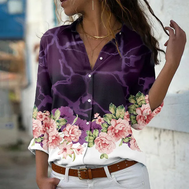 Ivyshape | Casual Floral and Butterfly Design Summer Long Sleeve Blouse for Women