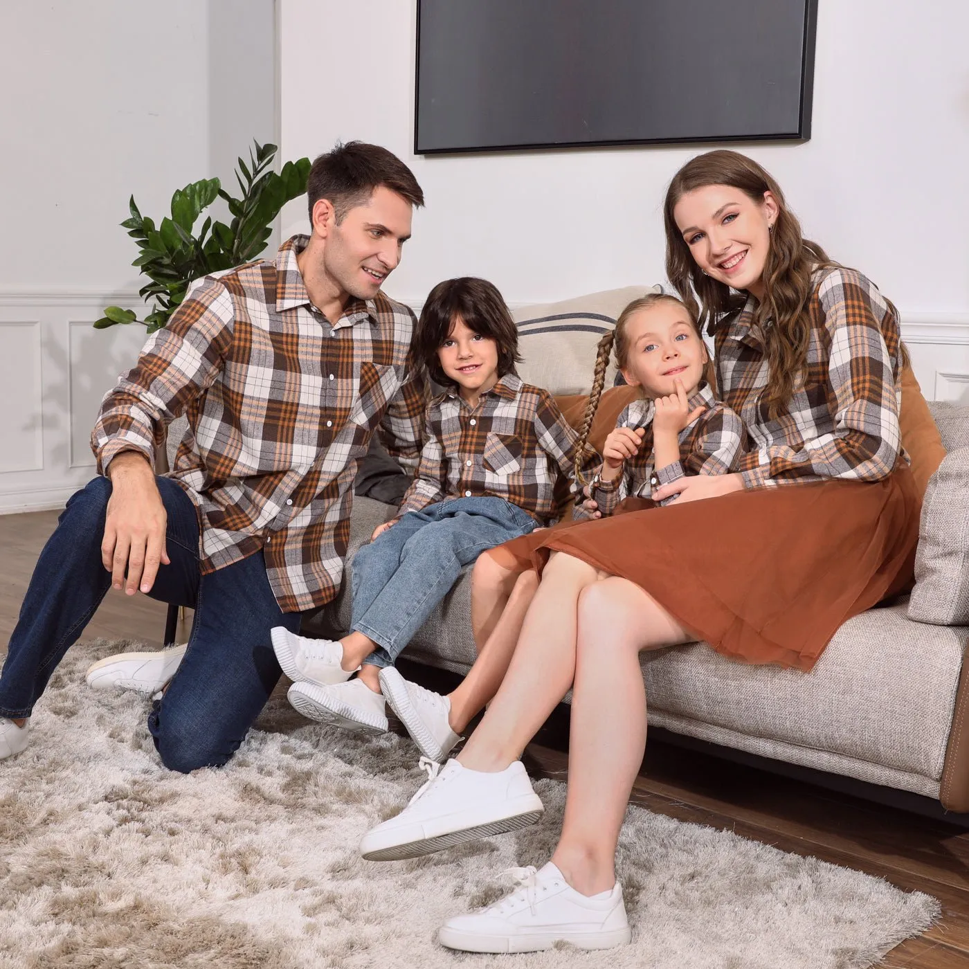 Khaki Plaid Family Matching Long-sleeve Lapel Shirts and Mesh Skirts Sets