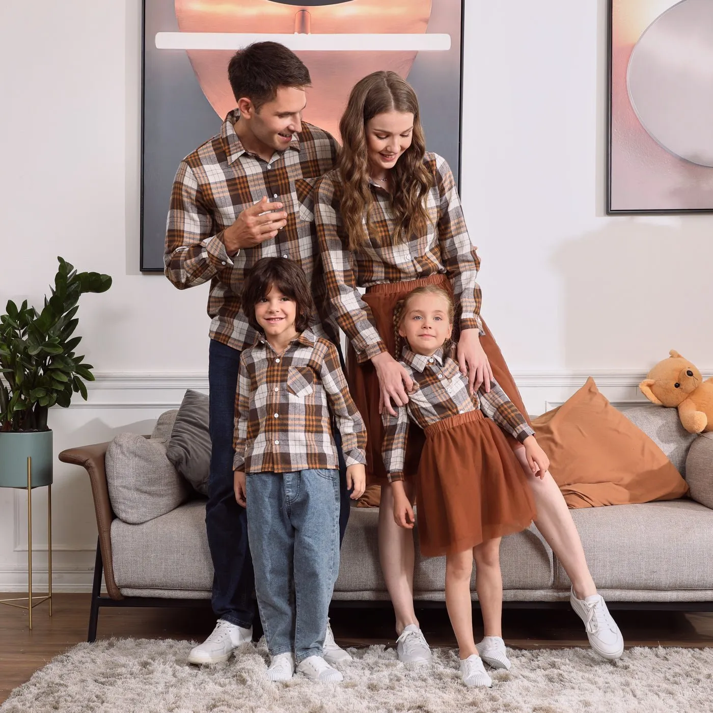 Khaki Plaid Family Matching Long-sleeve Lapel Shirts and Mesh Skirts Sets