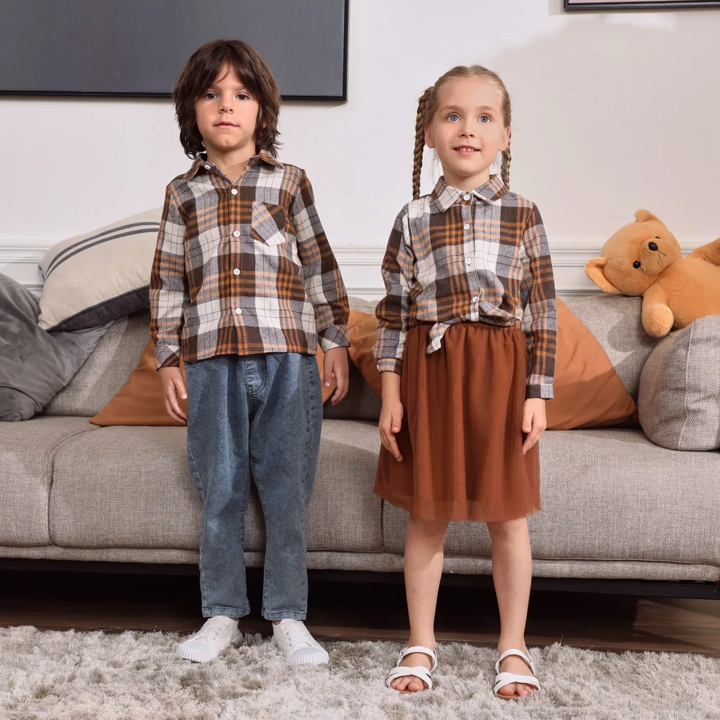 Khaki Plaid Family Matching Long-sleeve Lapel Shirts and Mesh Skirts Sets