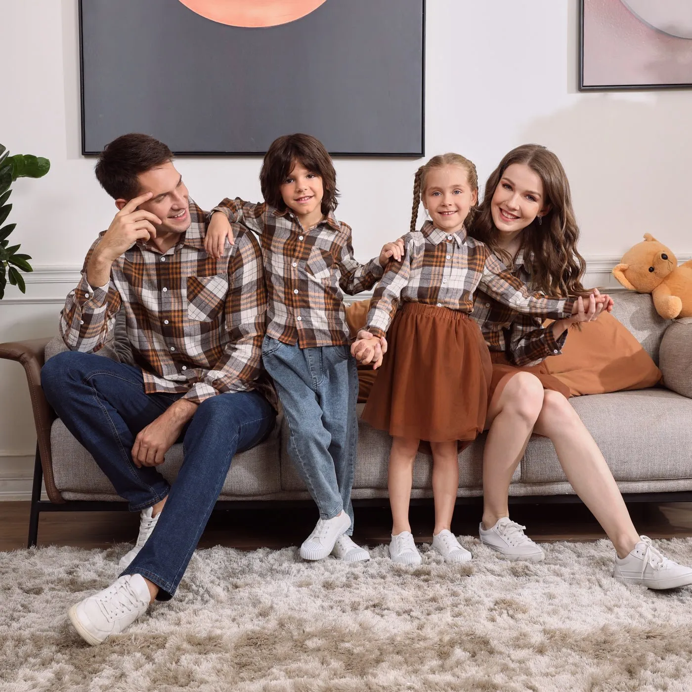 Khaki Plaid Family Matching Long-sleeve Lapel Shirts and Mesh Skirts Sets