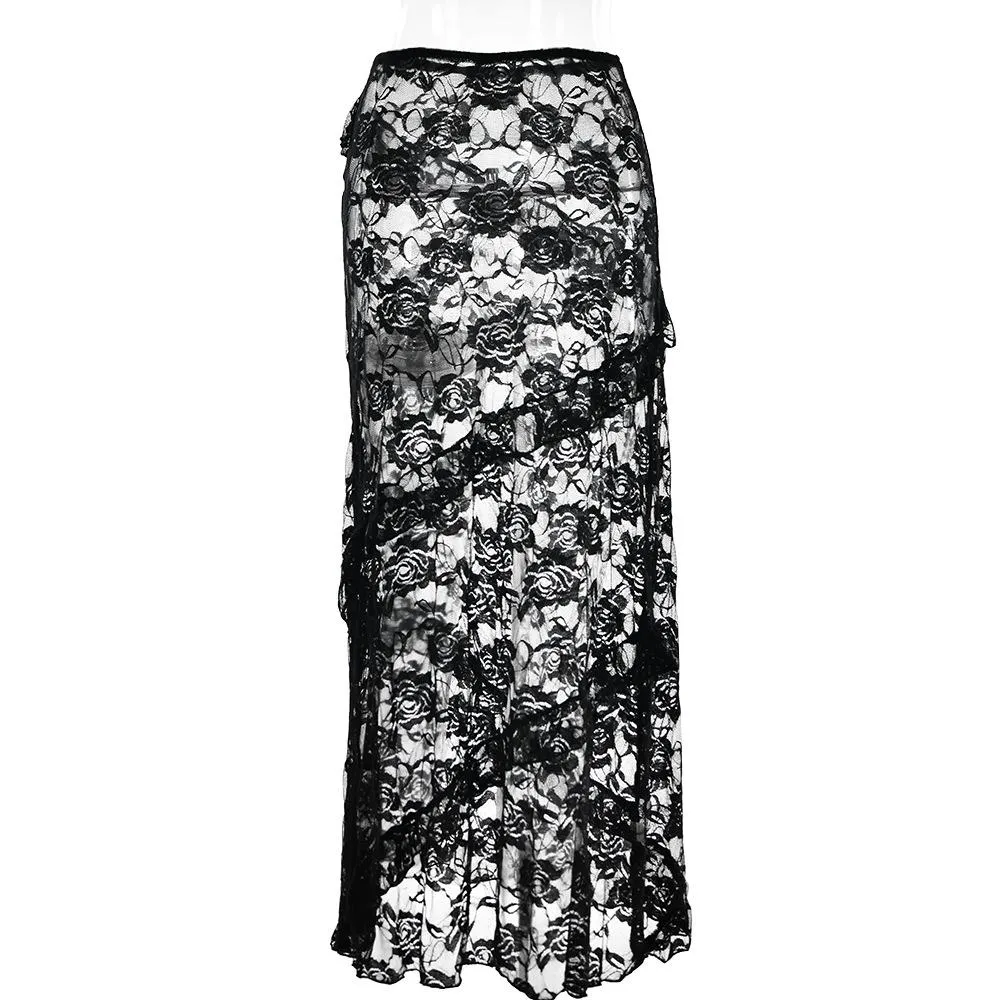 Lace irregular ruffle see through solid low rise maxi skirt grunge 90s Streetwear Disheveled Chic Fashion grunge 90s Streetwear Distressed Fashion