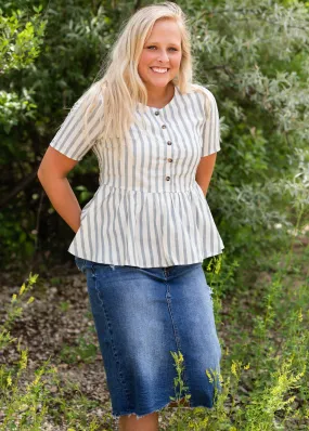 Light Blue Striped Peplum Top