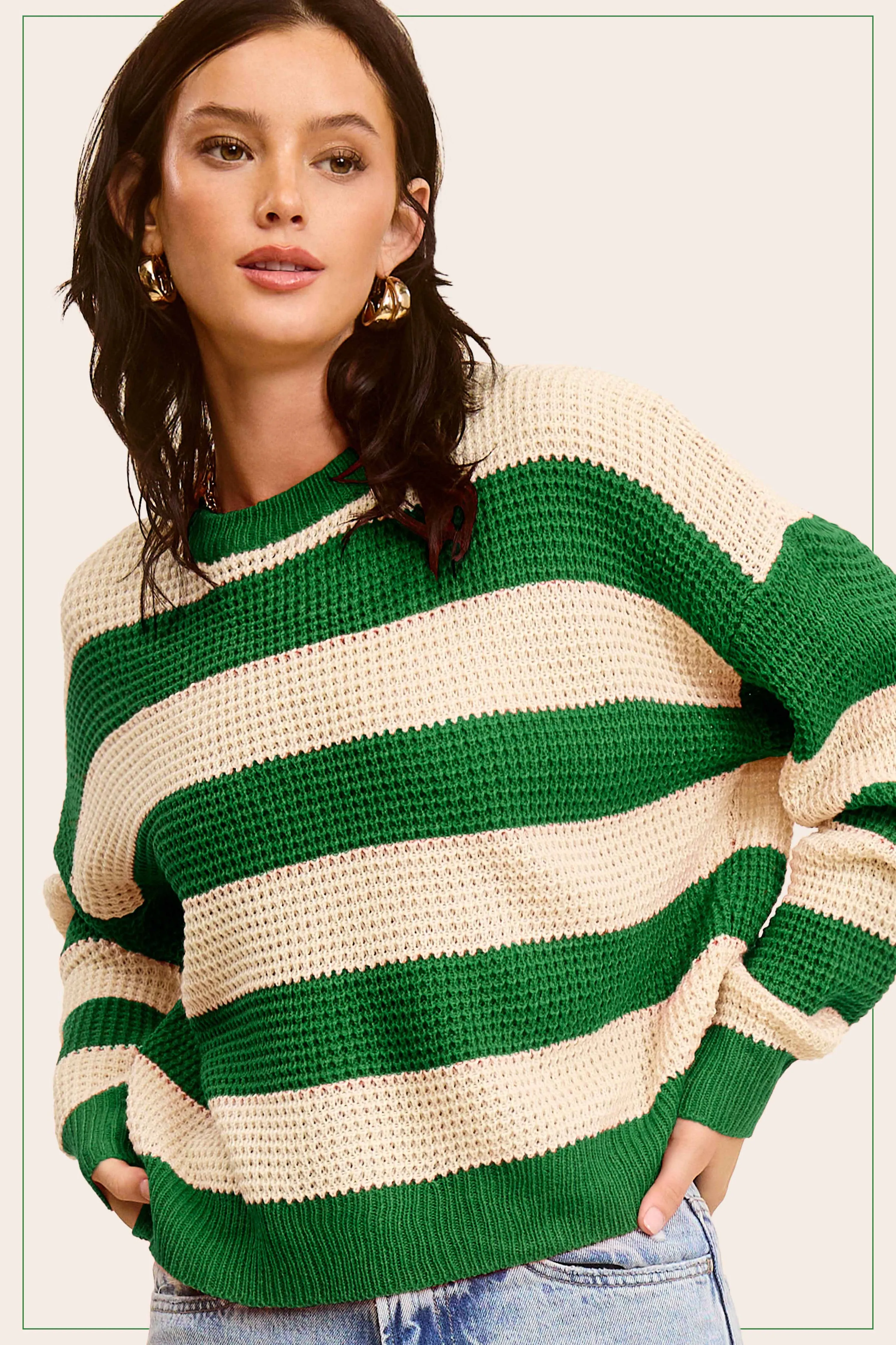 Loose Fit Striped Round Neck Long Sleeve Sweater