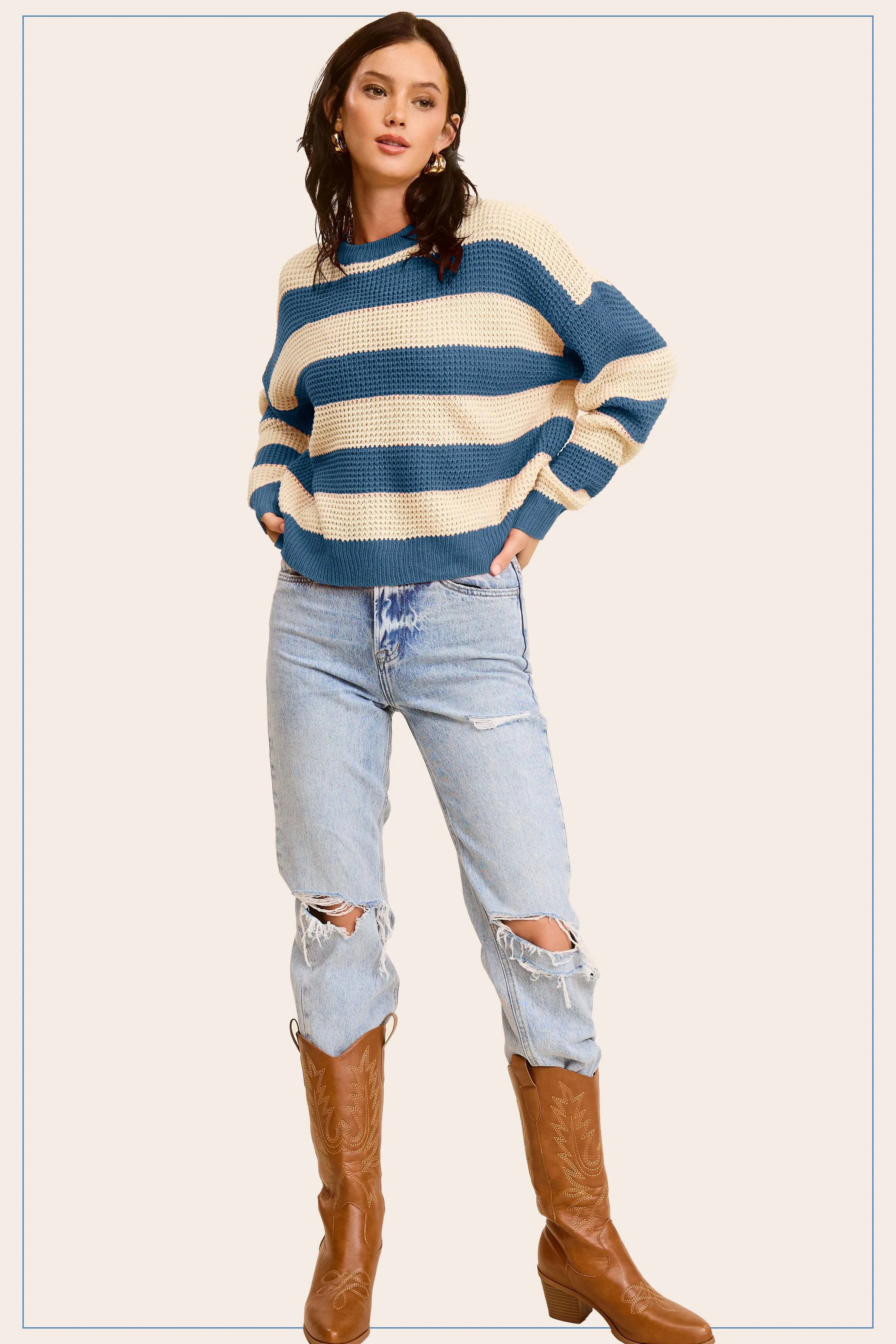 Loose Fit Striped Round Neck Long Sleeve Sweater