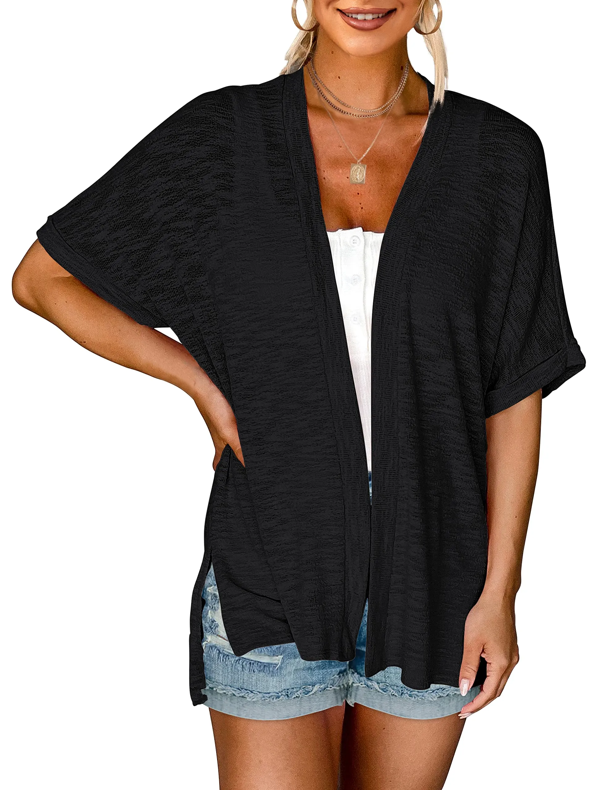 MEROKEETY Short Sleeve Casual Cover Ups Cardigan