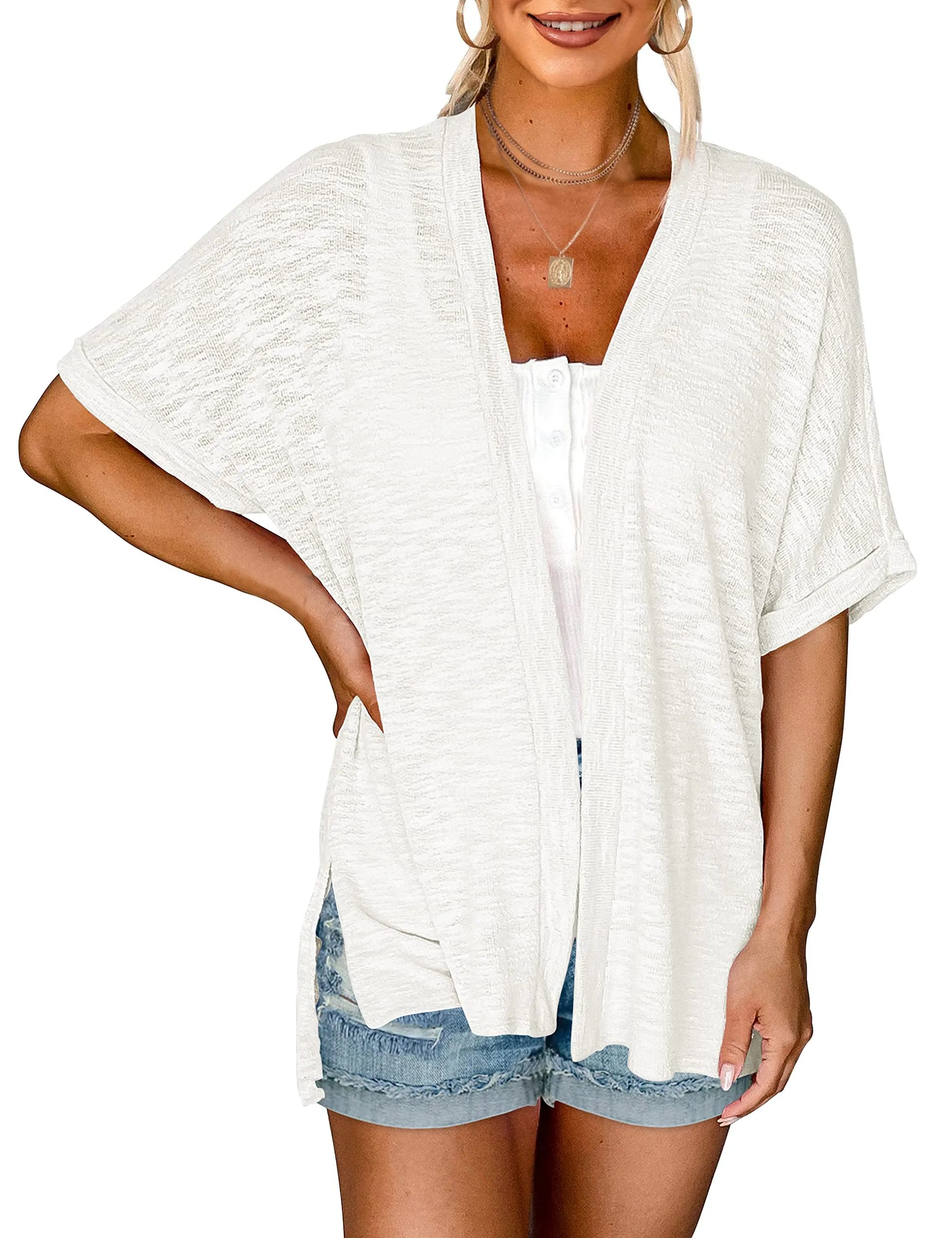 MEROKEETY Short Sleeve Casual Cover Ups Cardigan