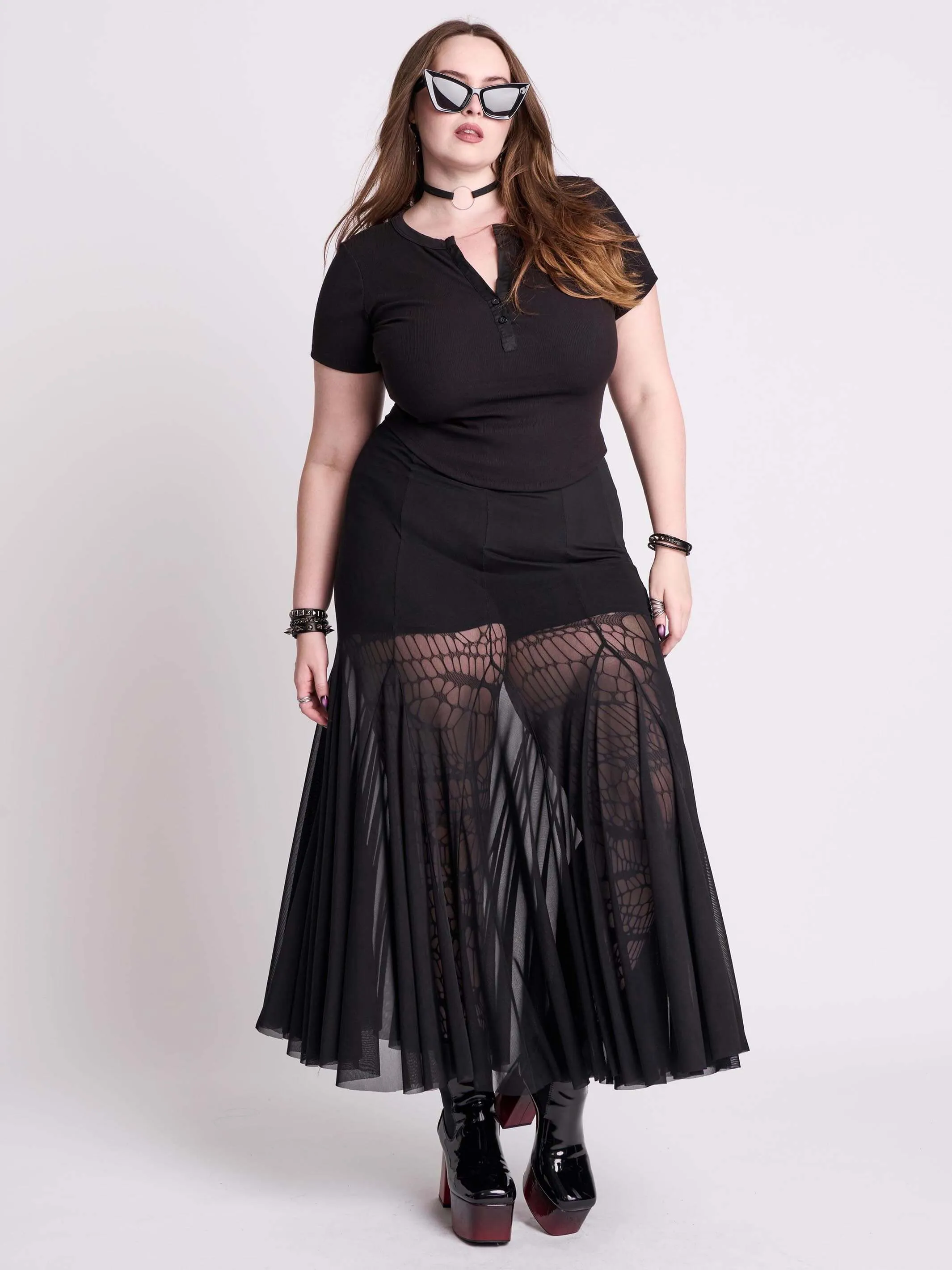 Mesh Godet Maxi Skirt