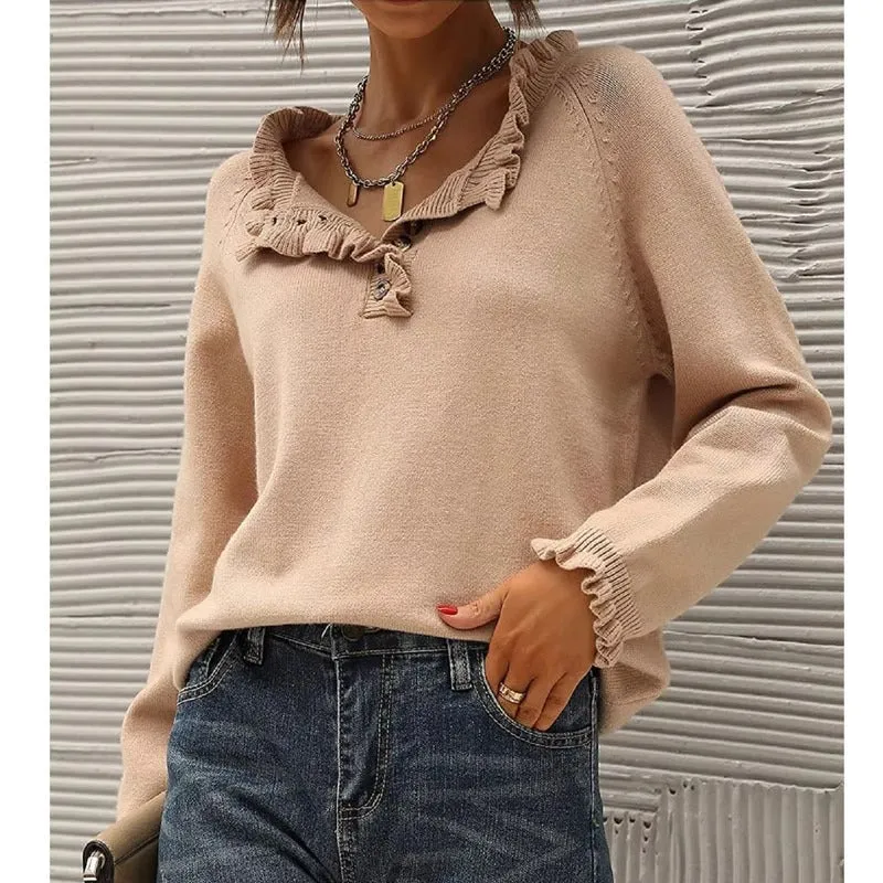 New Casual Long-Sleeve Button Ruffle Pullover Sweater for Women