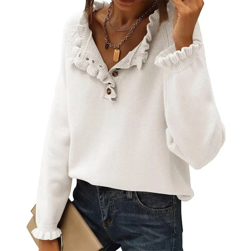 New Casual Long-Sleeve Button Ruffle Pullover Sweater for Women