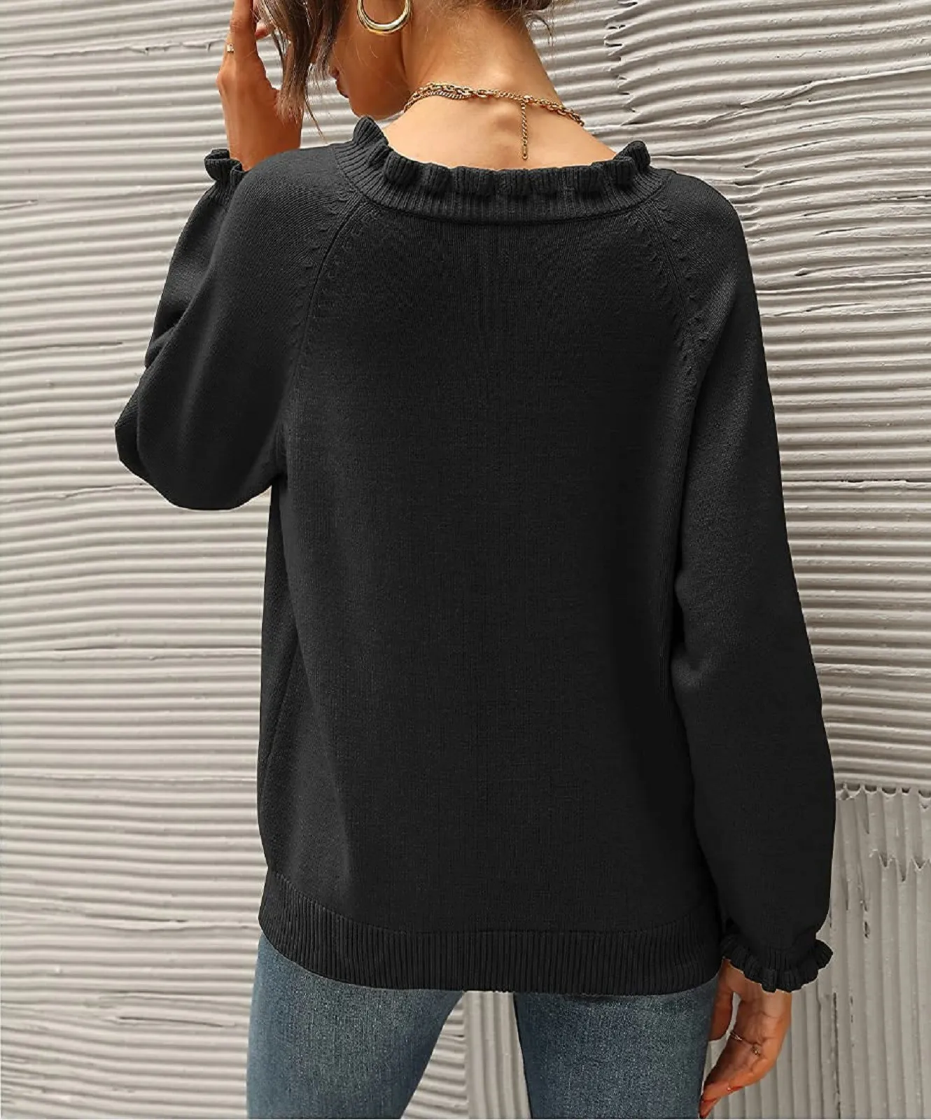 New Casual Long-Sleeve Button Ruffle Pullover Sweater for Women