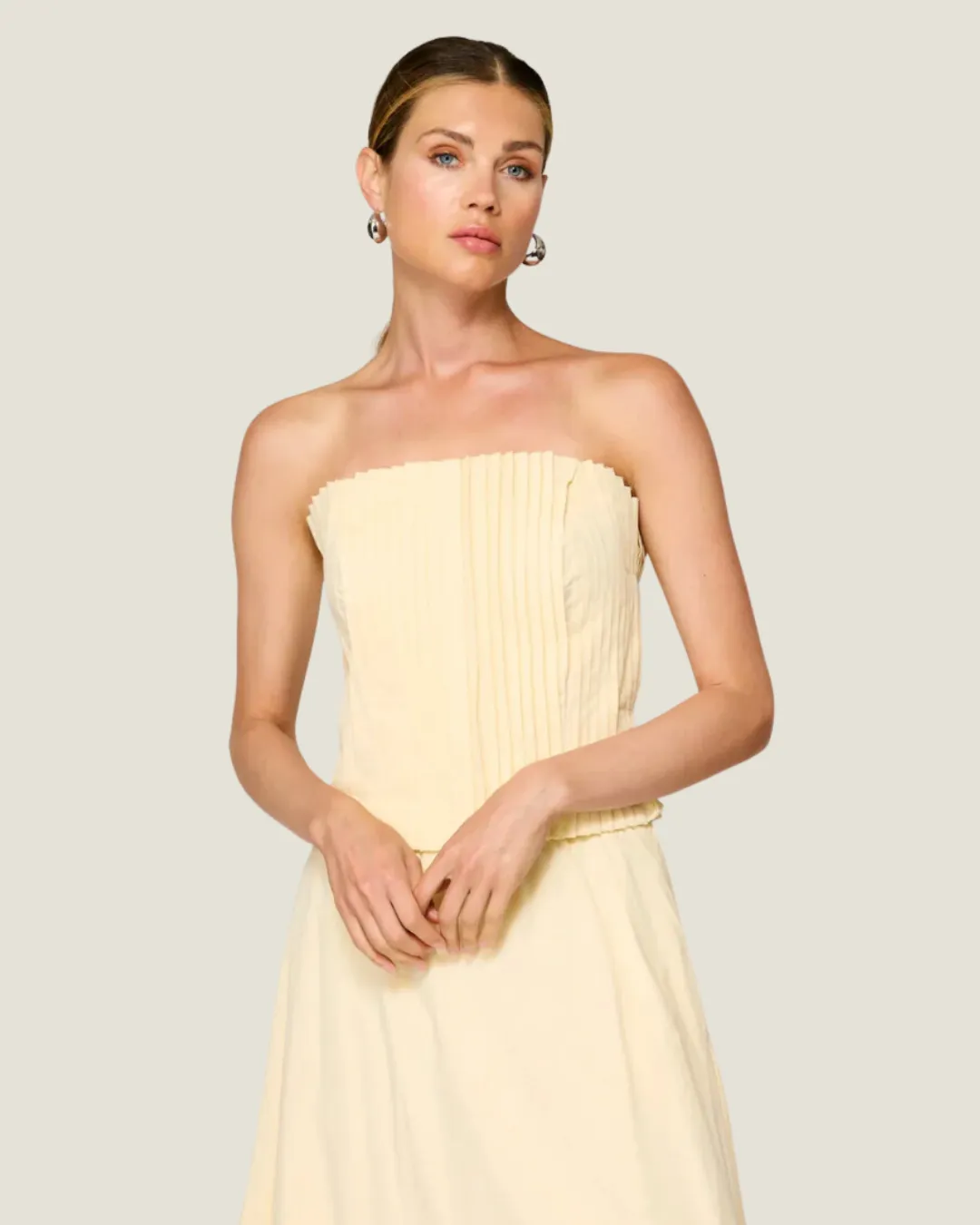 Pale Yellow Pleated Strapless Top