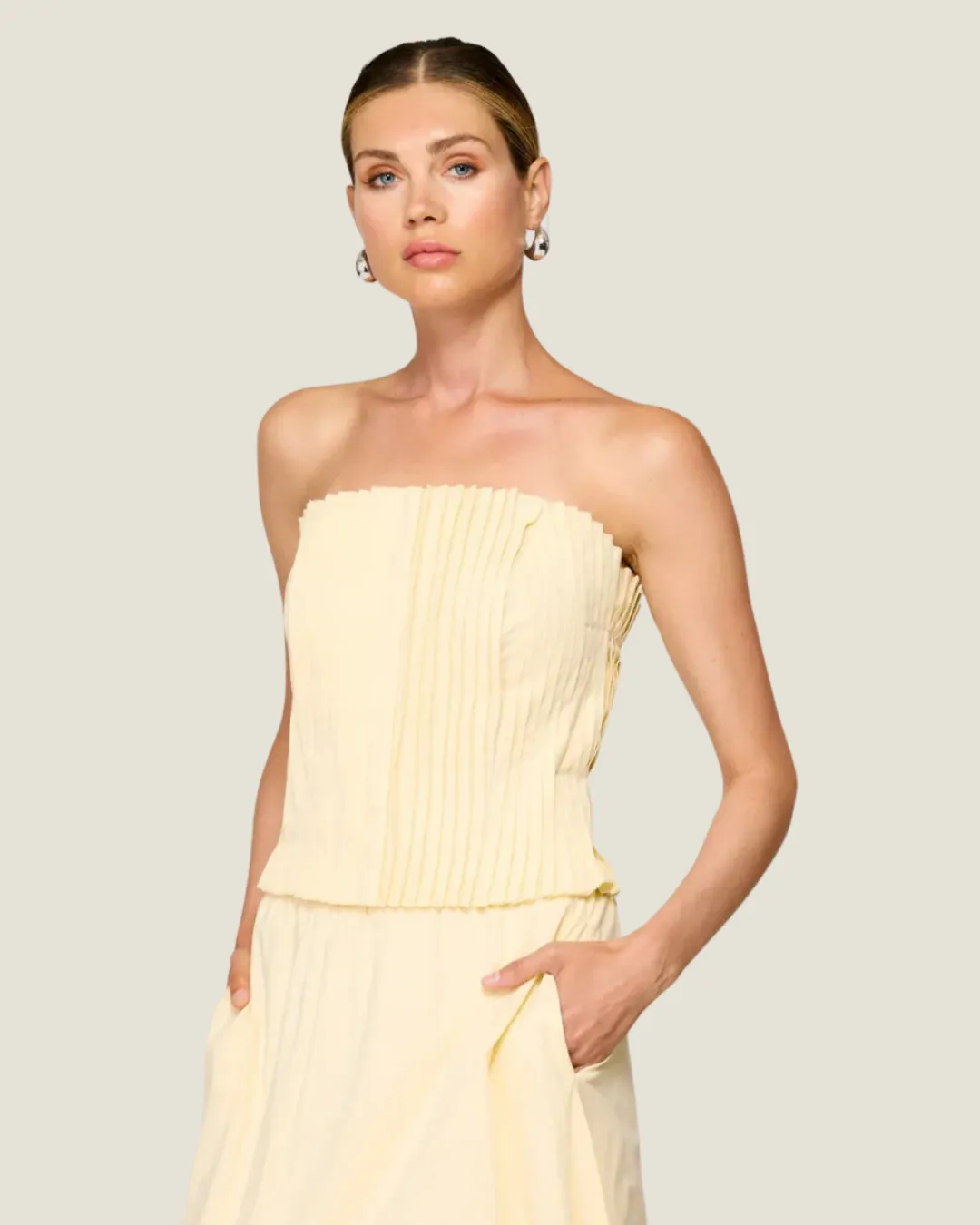 Pale Yellow Pleated Strapless Top