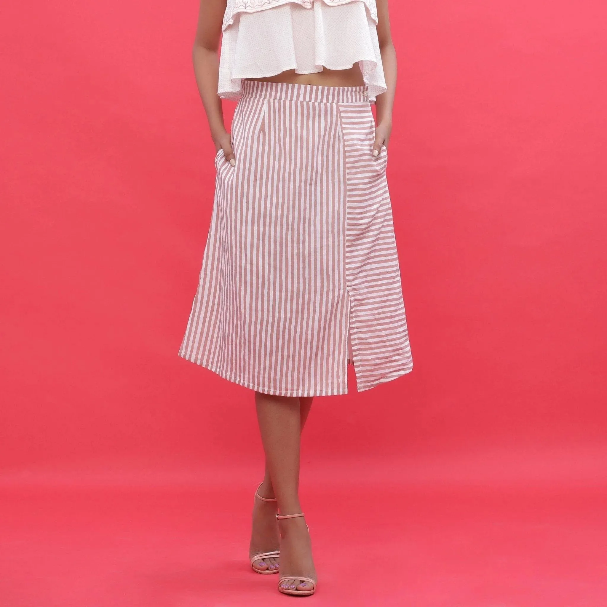 Pink Hand Screen Printed Cotton Knee Length A-Line Skirt