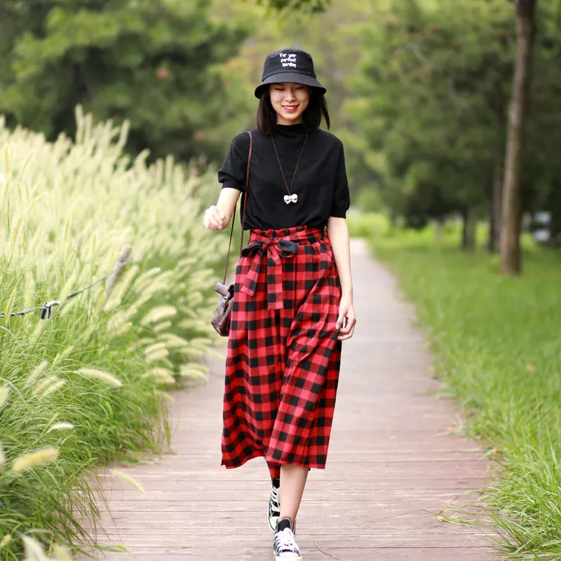 Plaid Women's Skirts Summer Linen Skirt Elastic Waist SSM09753