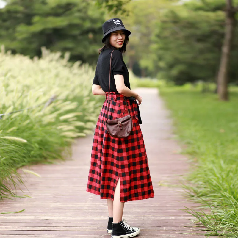 Plaid Women's Skirts Summer Linen Skirt Elastic Waist SSM09753