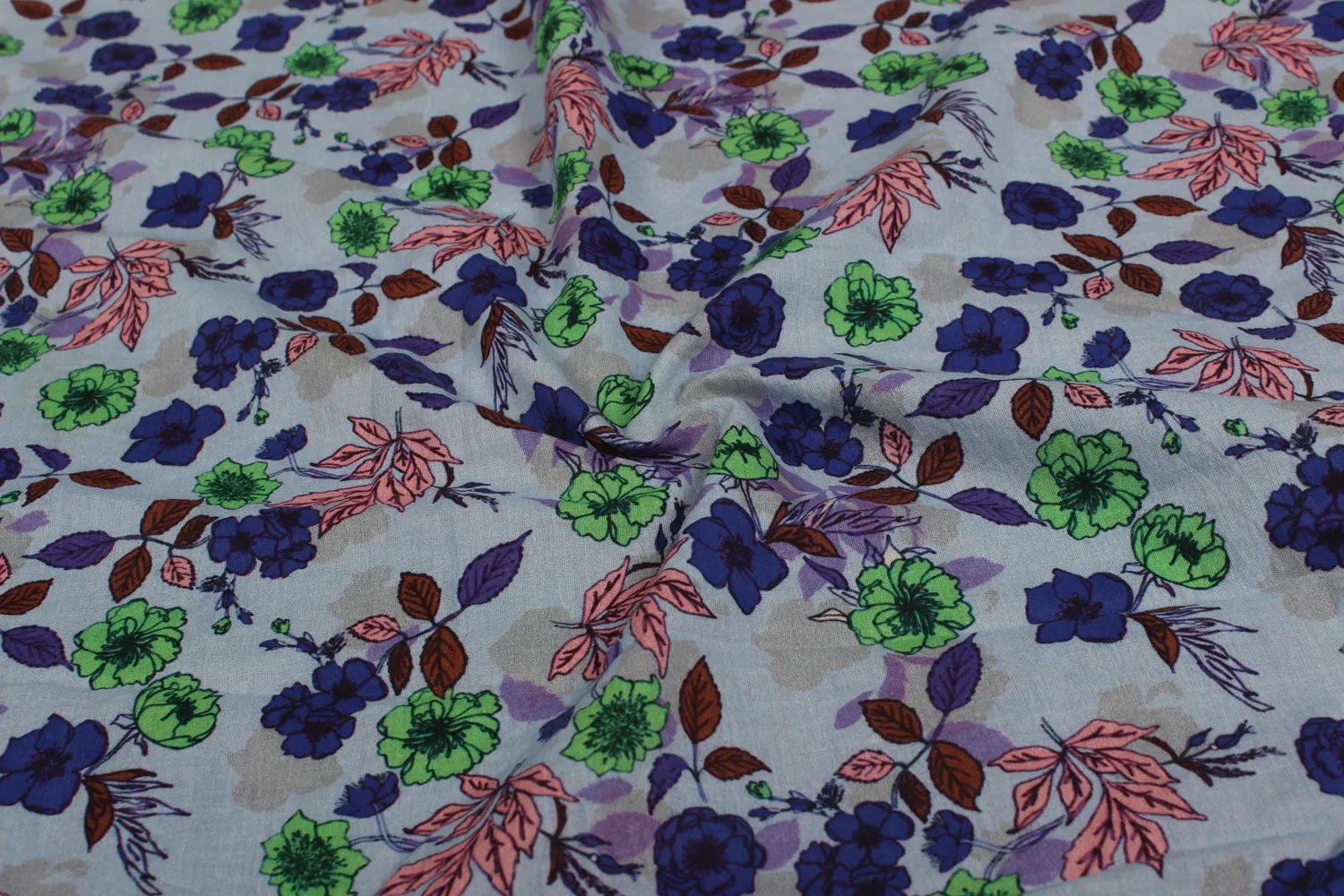 Powder Blue Floral Cotton Cambric Fabric