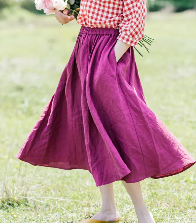 Purple Women's Skirts Summer Linen Skirt Elastic Waist SJ09755