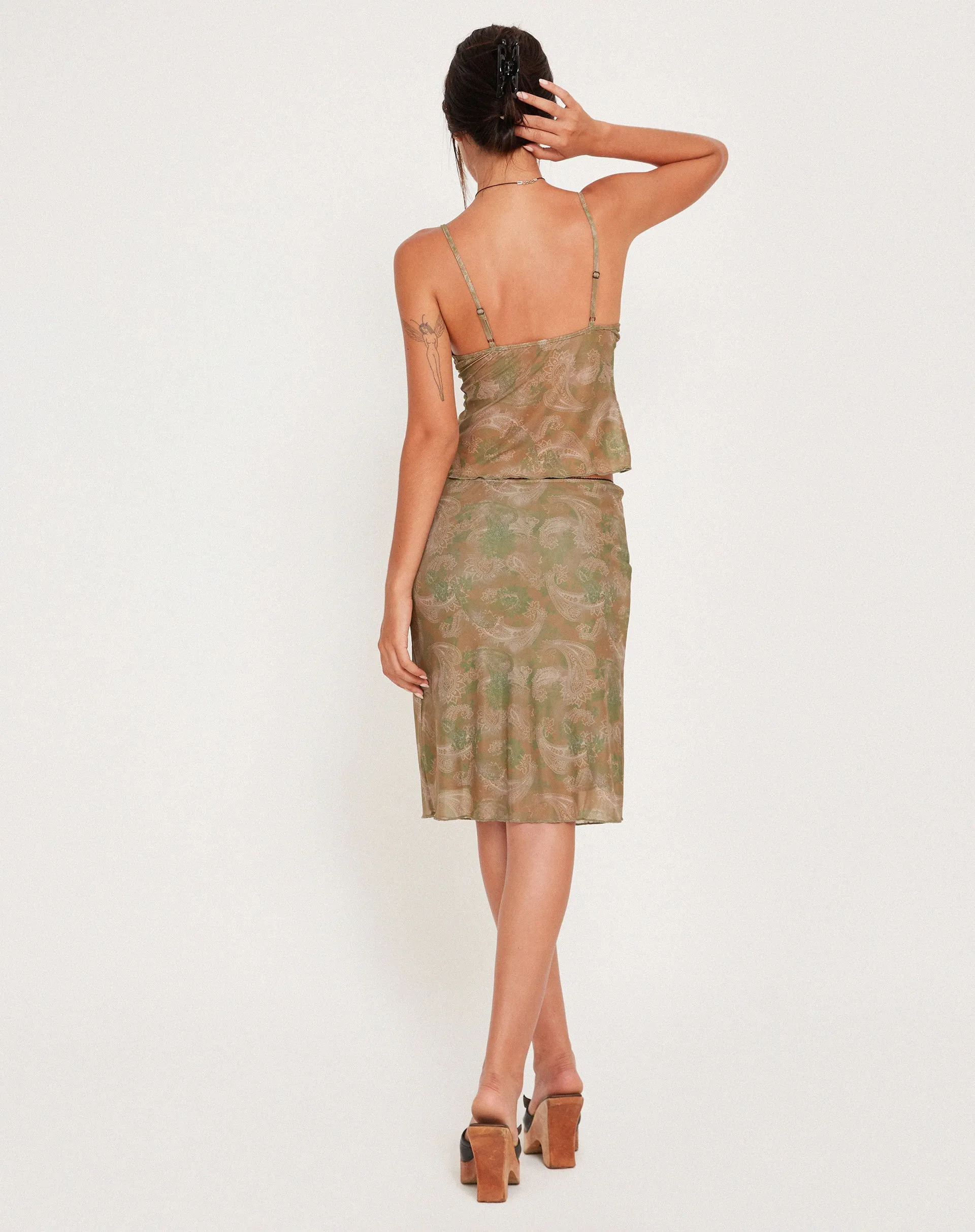 Rajhu Mesh Midi Skirt in Tonal Paisley Green