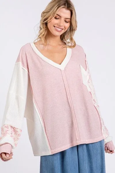 SAGE   FIG Floral Long Sleeve V-Neck Waffle Knit Top