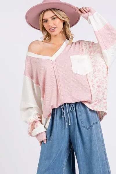 SAGE   FIG Floral Long Sleeve V-Neck Waffle Knit Top