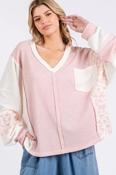 SAGE   FIG Floral Long Sleeve V-Neck Waffle Knit Top