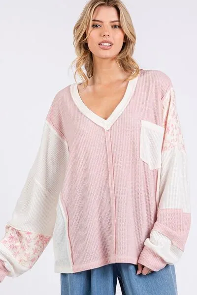 SAGE   FIG Floral Long Sleeve V-Neck Waffle Knit Top