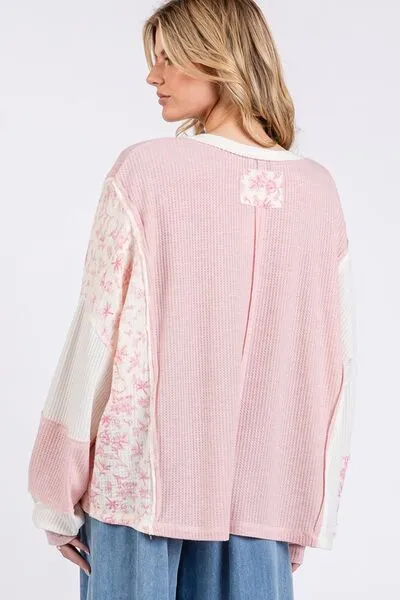 SAGE   FIG Floral Long Sleeve V-Neck Waffle Knit Top