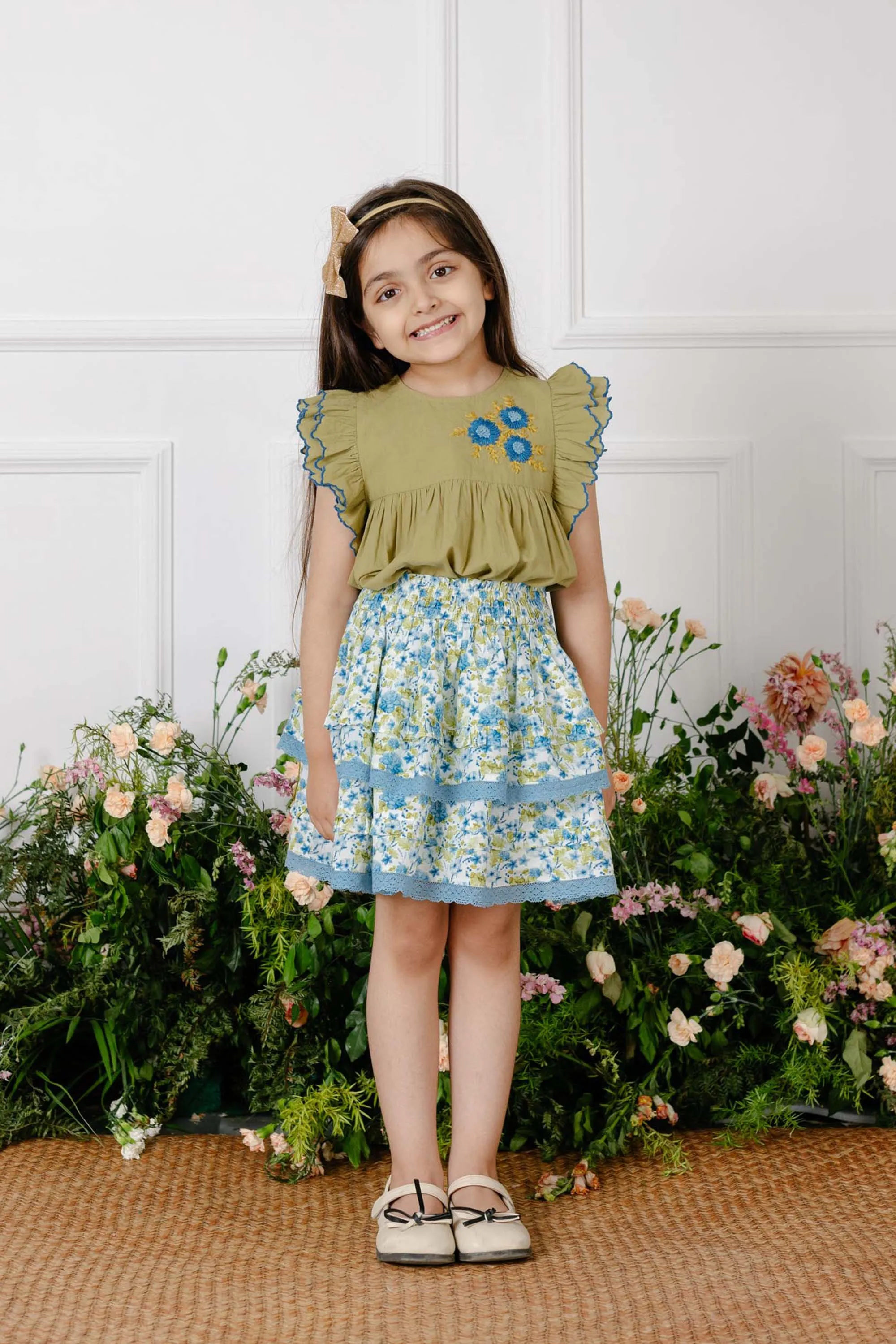 Set of Fiorella Girls Top and Giada Skirt - Green/Blue