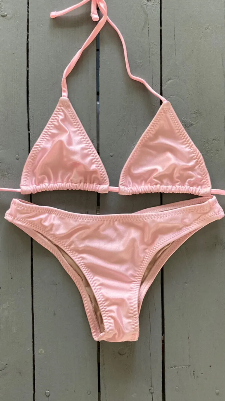 Shiny Baby Pink Adjustable Triangle Bikini Top