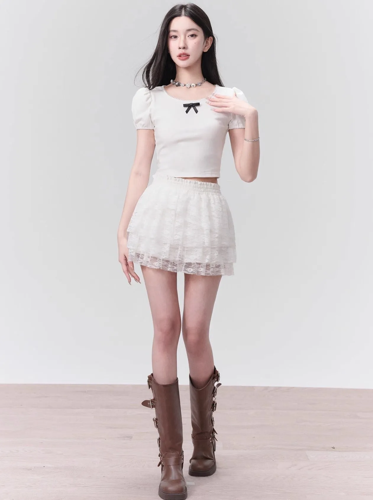 Sweet Lolita White Puff Sleeve Crop Top and Tiered Lace Mini Skirt Set